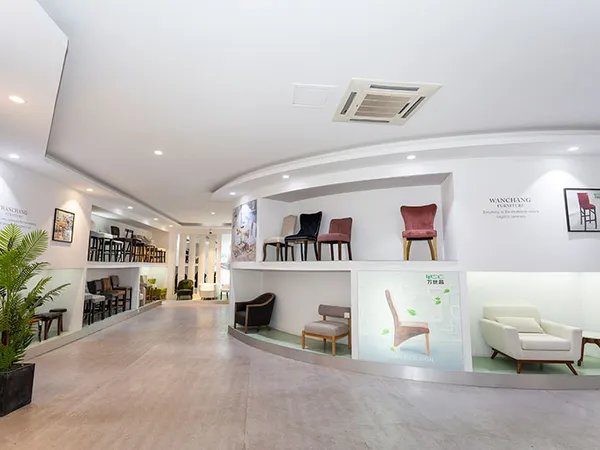 Zhejiang Wanchang Furniture showroom in Anji with branded displays of dining chairs and bar stools