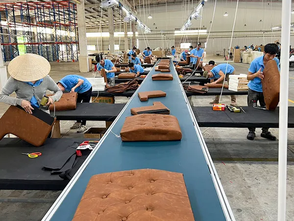 Upholstery assembly conveyor line at the Wanchang Furniture Vietnam plant